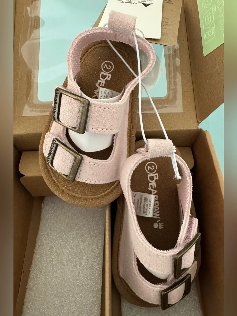 Bearpaw light pink double-buckle baby leather sandals